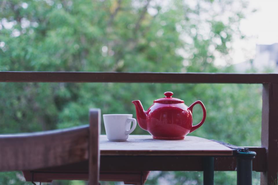 tea, hot, coffee, cup, mug, table, love, chill, relax, breakfast, morning, pot, trees, green, verranda