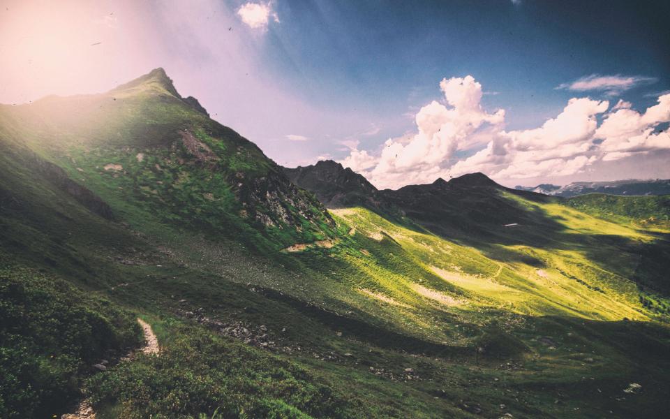 mountains, valleys, hills, green, grass, nature, landscape, sky, sunshine, sky, clouds