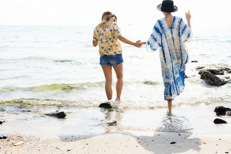 people, girls, female, ladies, women, friends, holding hands, travel, outdoor, alone, beach, seashore, sea, ocean, waves, water, summer, vacation