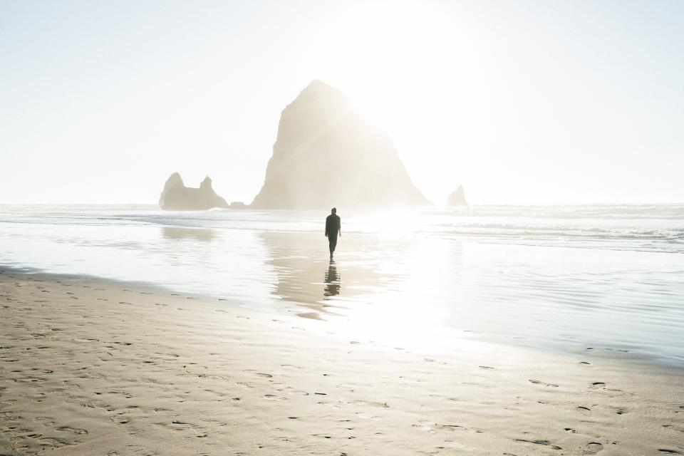 guy man male people back walk beach shore sand nature water surface waves ripples rocks islands light silhouette white beige