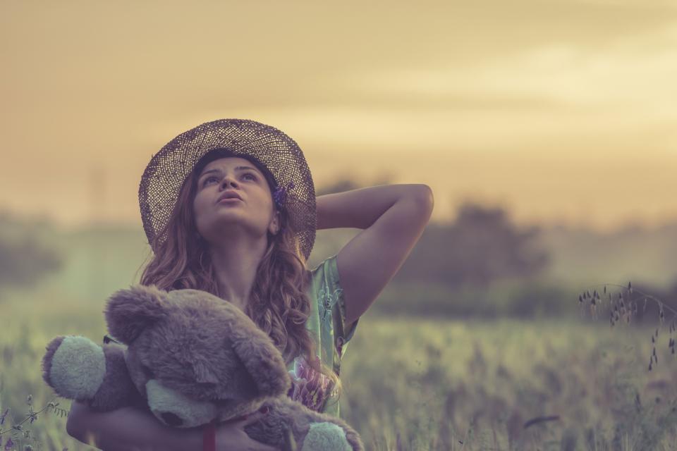 people, girl, woman, teddy, bear, toy, hat, outdoor, blur