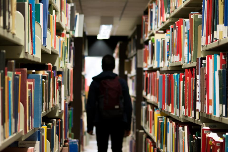 library, books, shelves, student, school, learning