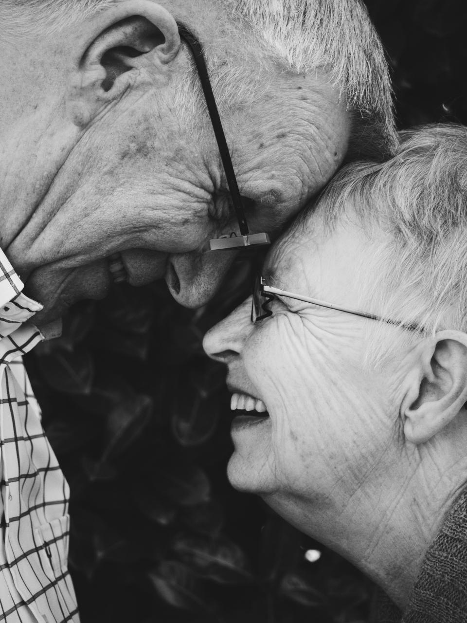 people, old, man, woman, couple, love, laugh, happy, black and white