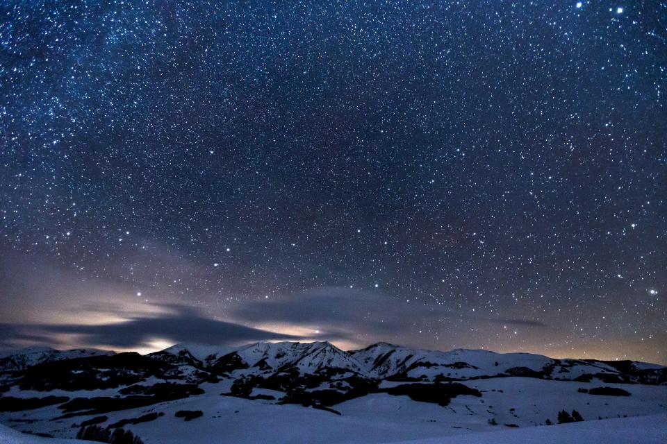 dark, night, sky, stars, galaxy, nature, mountain, silhouette, landscape, snow, winter