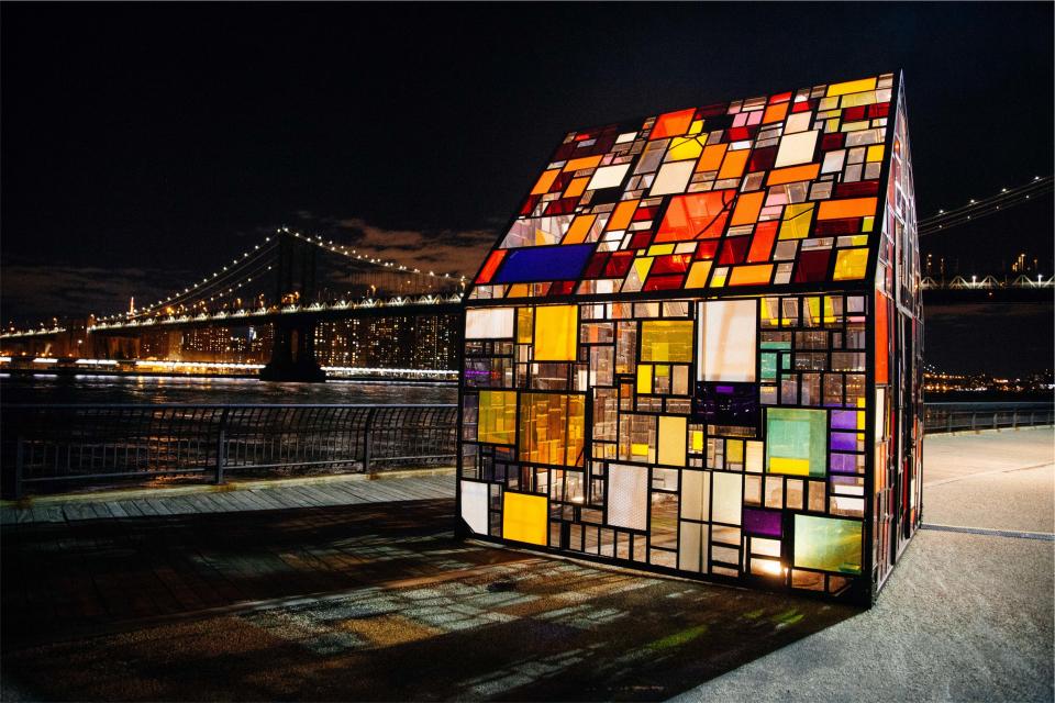 stained glass windows city urban bridge lights night evening New York NYC