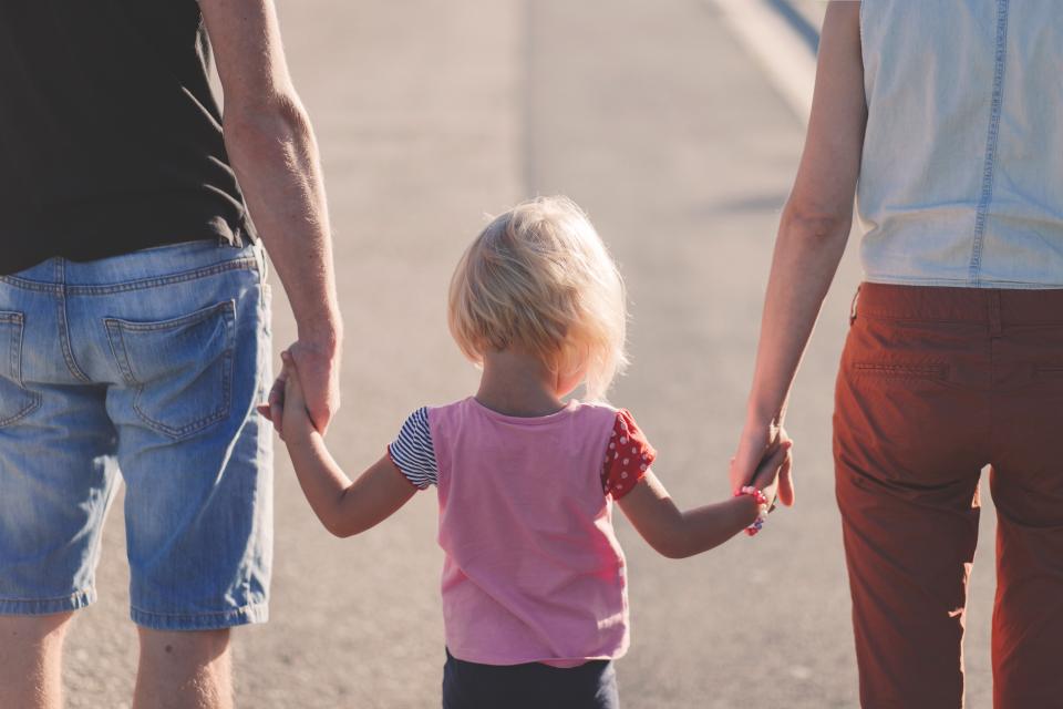 young, girl, daughter, kid, child, mom, mother, dad, father, family, people, holding hands, outdoors, sunshine, summer