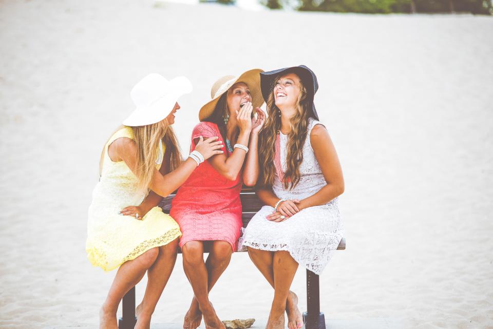 people, girls, happy, laugh, smile, friends, dress, hat, summer, vacation, beach, sand, outdoor, bench, sitting