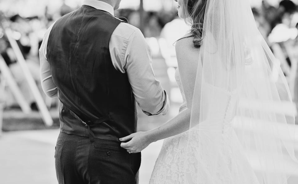 people, man, woman, couple, marriage, wedding, event, formal, gown, long sleeves, black and white, monochrome, bride, groom