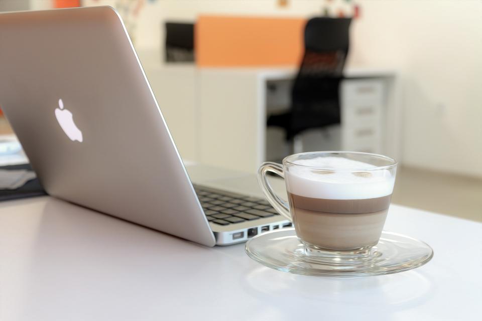 laptop, computer, modern, technology, electronics, internet, browser, macbook, apple, research, study, business, work, blur, cup, saucer, cappuccino, coffee, office