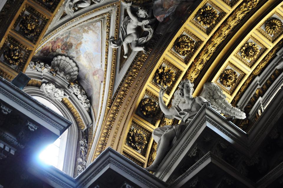 catholic, church, ceiling, religion, sculptures, angels, gold