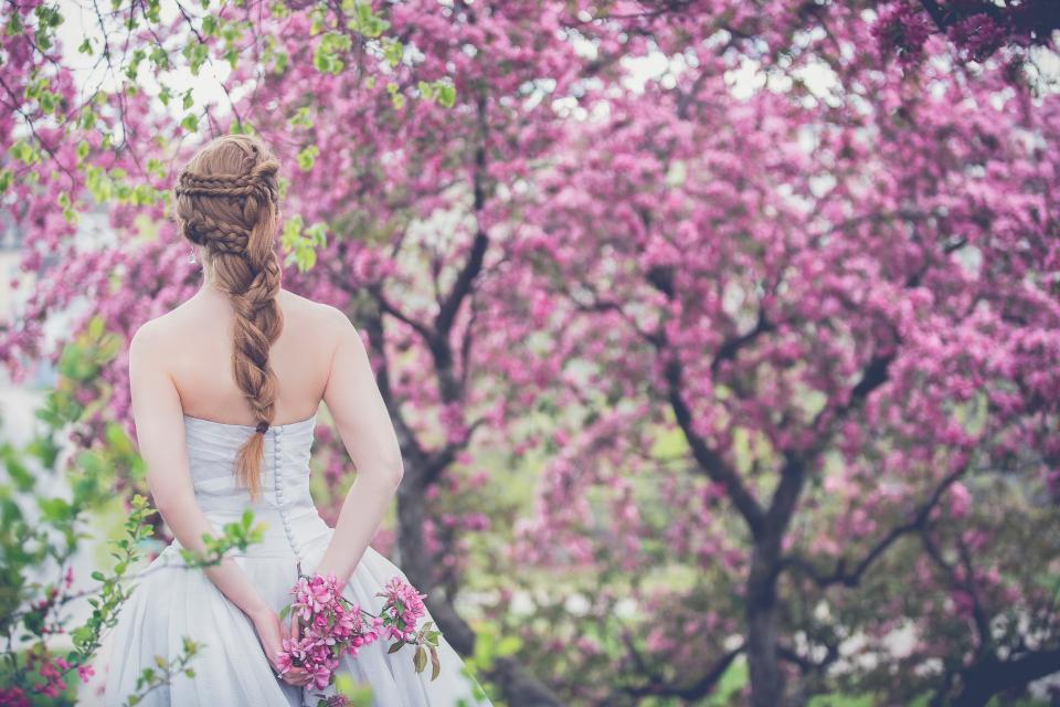 trees, plant, flower, nature, outdoor, people, girl, back, wedding, gown, bride, braid, hairstyle