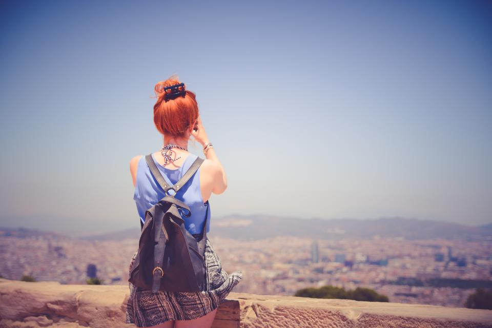 girl, woman, red head, hair, people, backpack, fashion, view, landscape, blue, sky, summer, lifestyle, city, town, looking