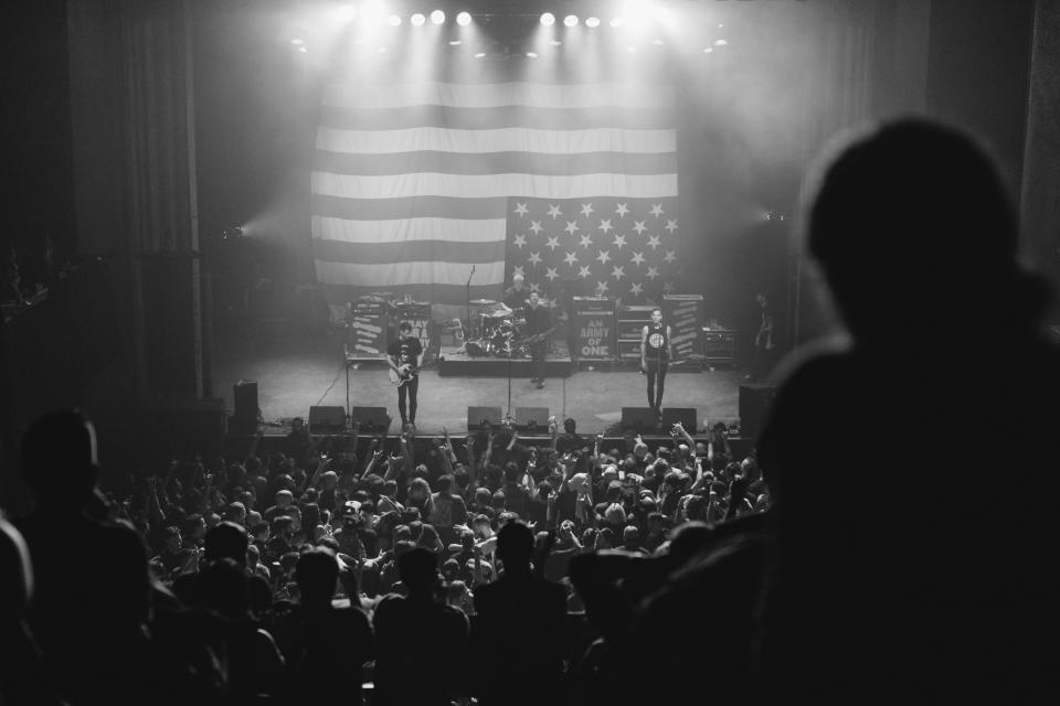 black and white, concert, people, crowd, american, flag, singer, music, microphone, speakers