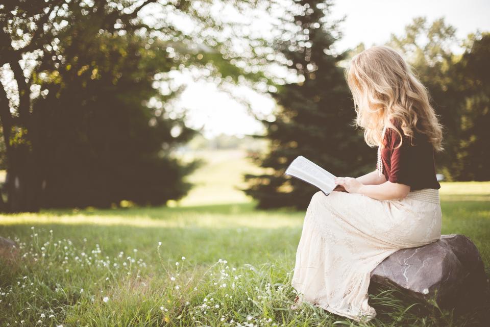 people, girl, alone, sitting, rock, reading, book, bible, nature, green, trees, grass, bokeh