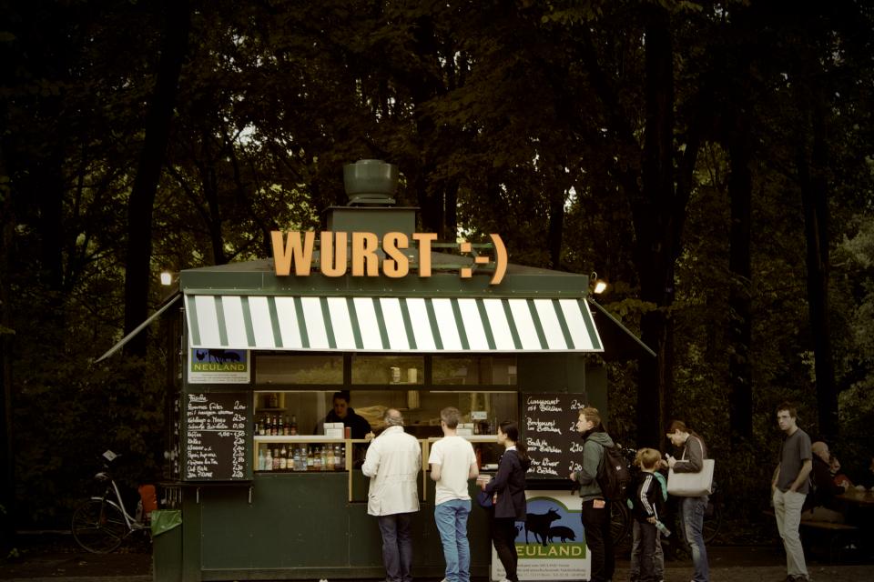 wurst, sausage, food stand, restaurant, menu, people, German, Berlin