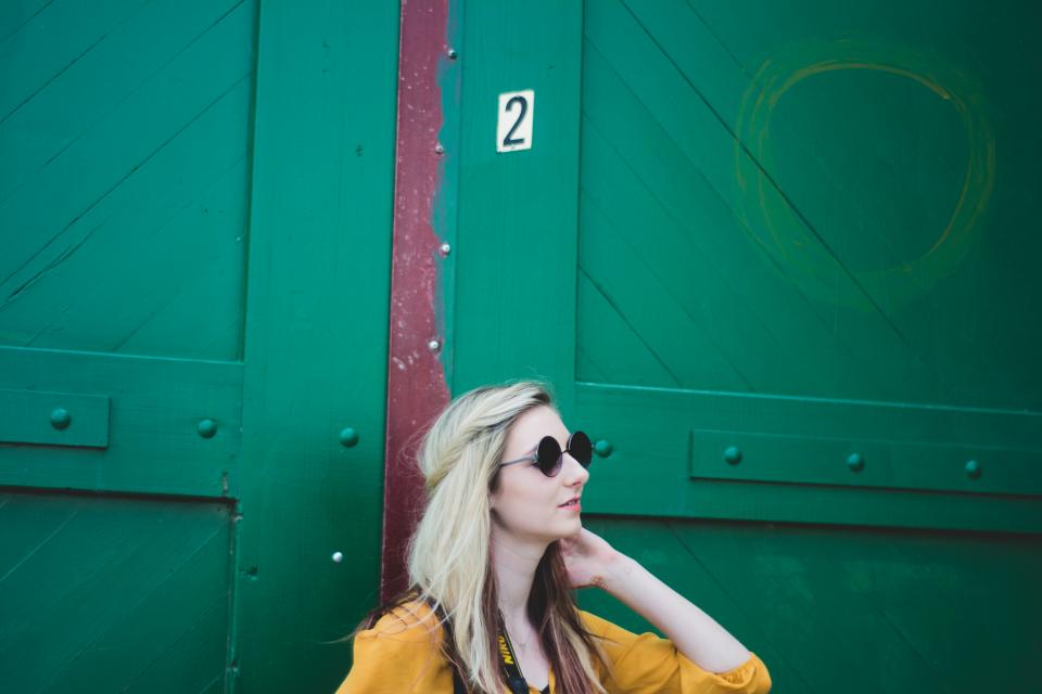 girl blonde fashion sunglasses people model green door lifestyle