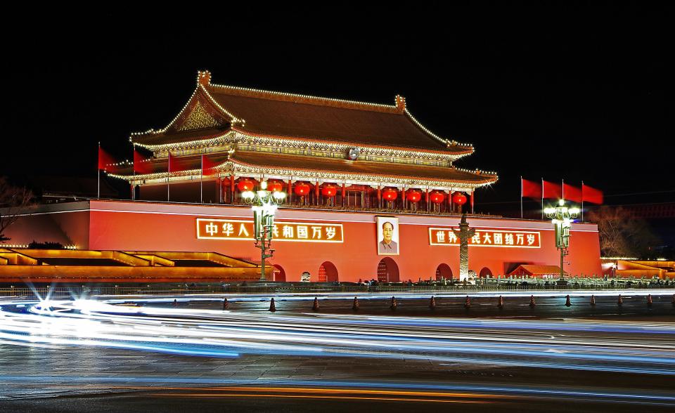 architecture, building, infrastructure, wall, lights, red, flag, china, dark, night, car, vehicle, travel, street, road, highway