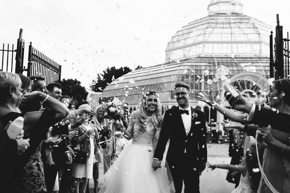 people, man, woman, wedding, marriage, love, intimate, happy, enjoy, sweet, formal, dress, tuxedo, confetti, black and white, monochrome