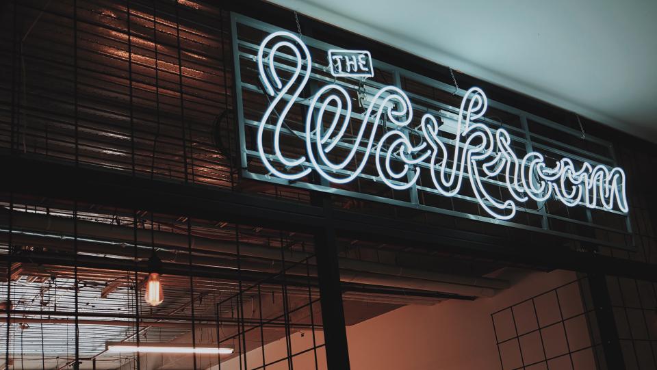 architecture building infrastructure neon lights signage working space room