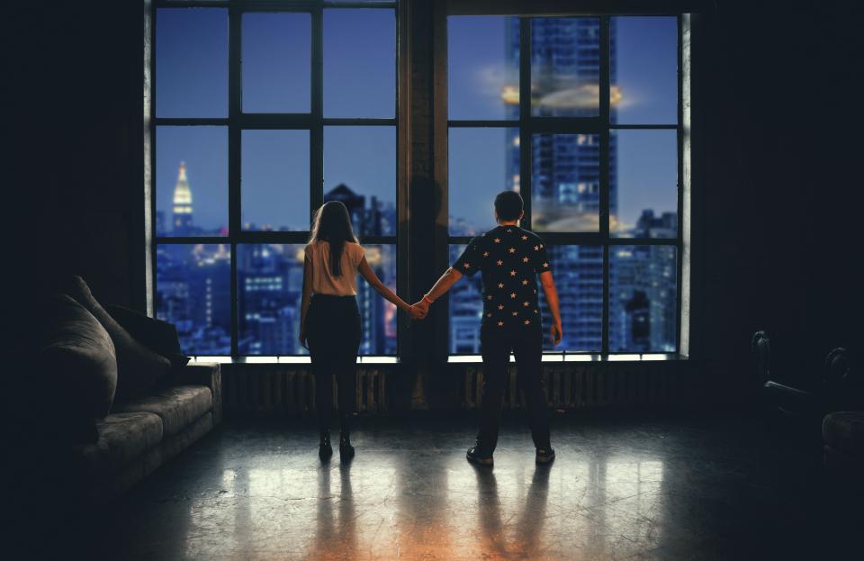 people, couple, love, holding hands, sweet, intimate, glass, windows, building, establishment, urban, city, office, business, dark, night