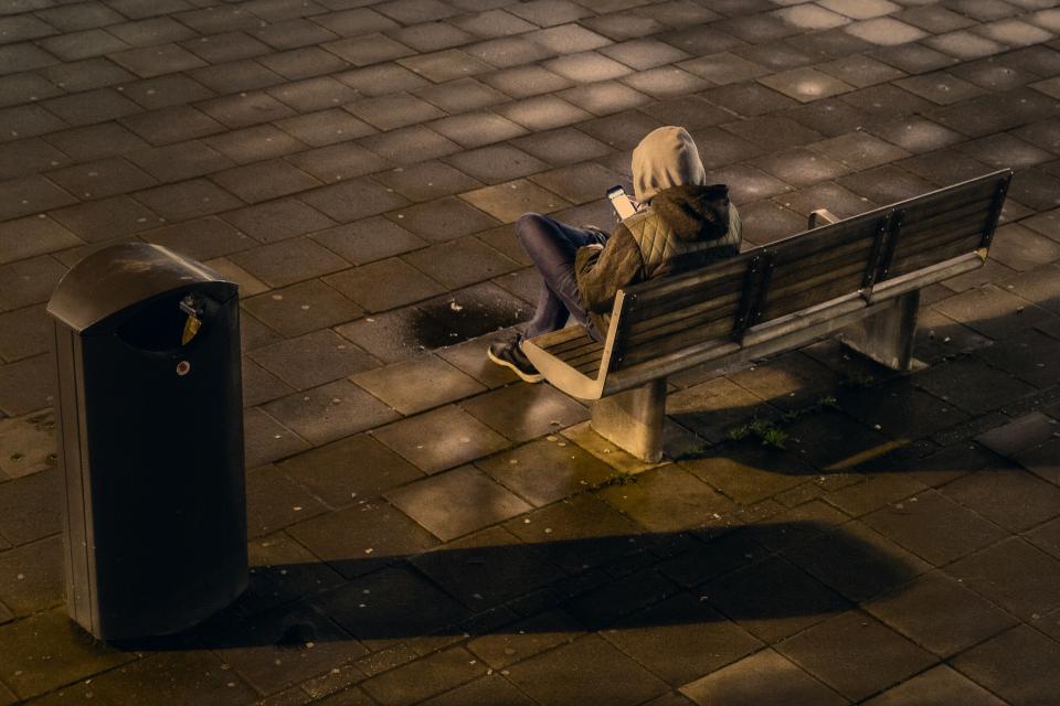 people, man, alone, sad, bench, chair, hoodie, jacket, cellphone, technology