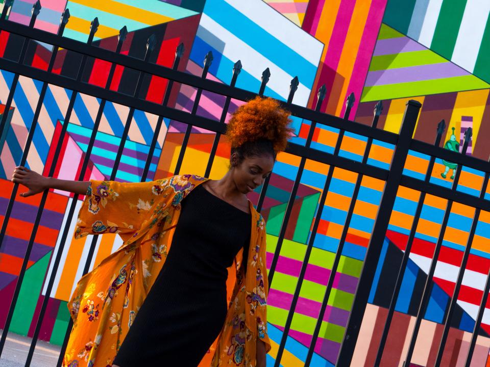 wall art public colorful people girl woman fashion model african american fence gate