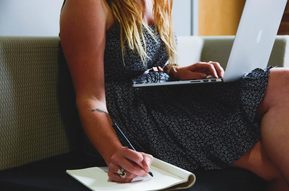 girl, woman, writing, notebook, pen, pencil, laptop, macbook, business, office, student, dress