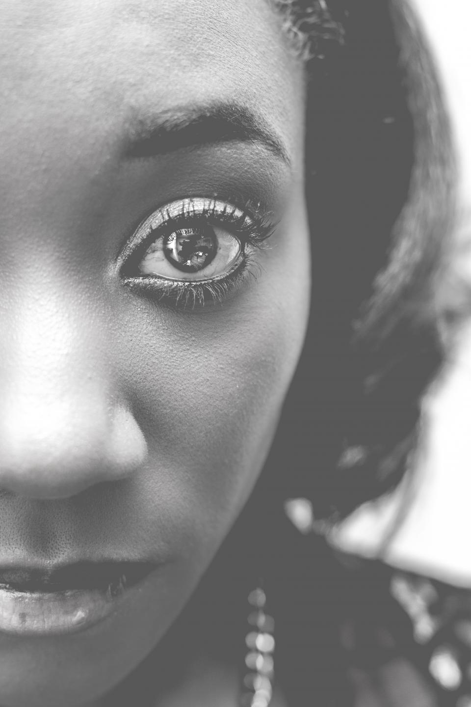 woman, girl, lady, black and white, bokeh, eyelashes, model, fashion, black, african american, face