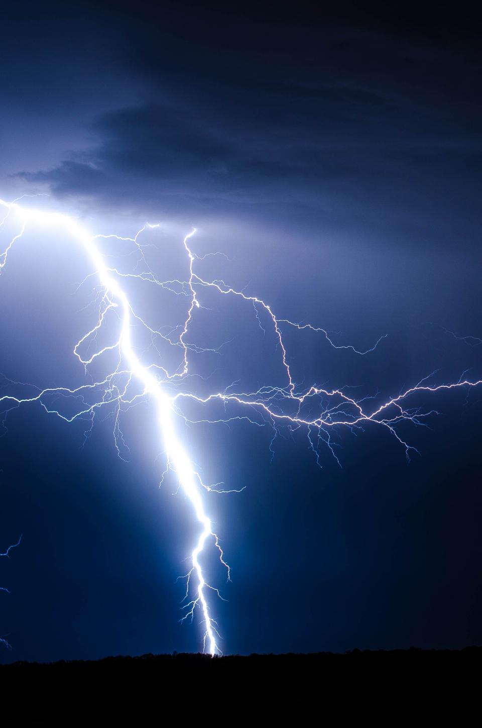 night, blue, sky, stars, galaxies, trees, plant, silhouette, light, lightning, storm