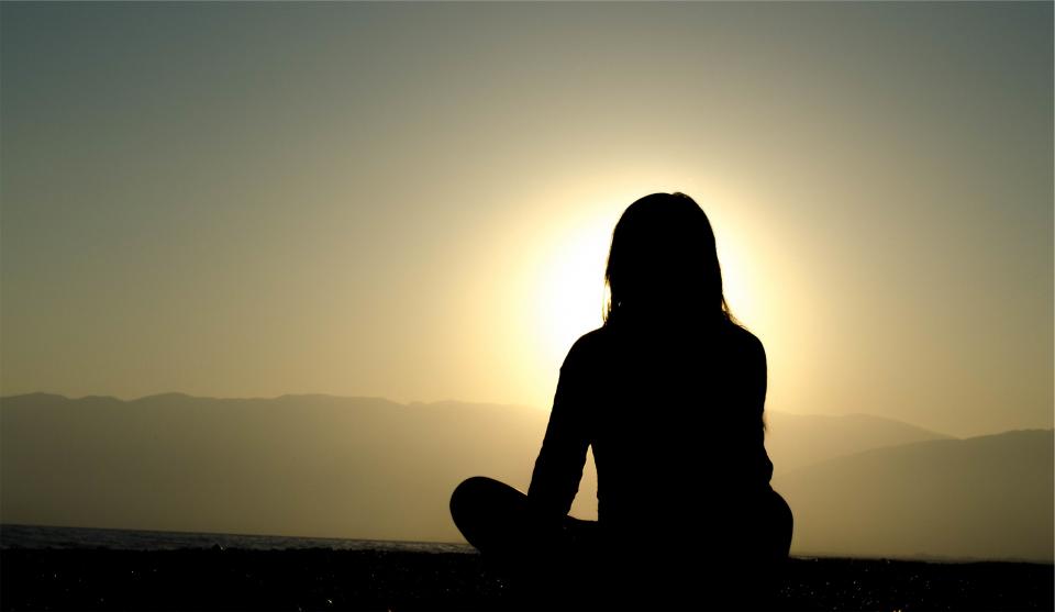 sunset, dusk, silhouette, shadow, girl, woman, people, meditating, sky