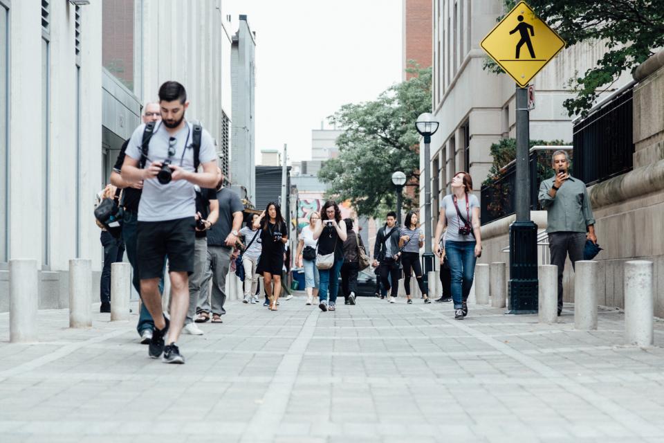 road, street, people, walk, camera, man, woman, strangers, architecture, pedestrian, building, establishment