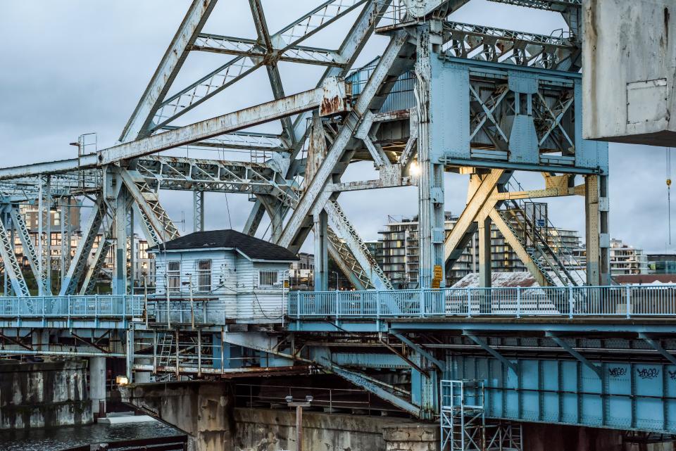 architecture structures bridges walkways lodge steel beams posts industrial blue
