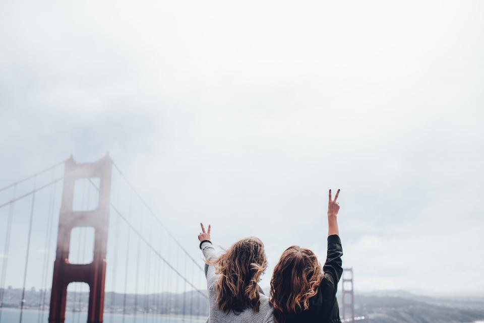 peace girls women people golden gate bridge San Francisco architecture sky clouds cloudy friends