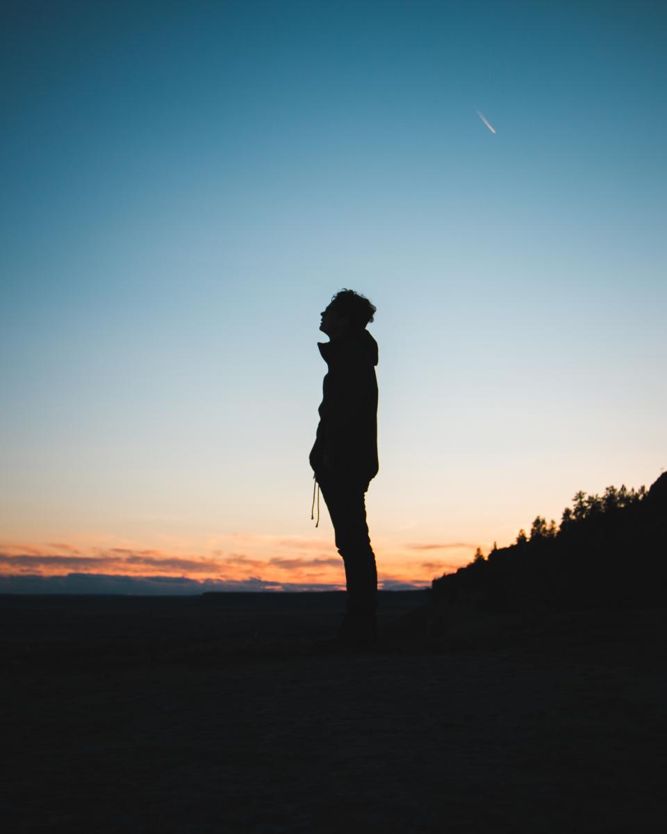 people, man, guy, alone, sad, silhouette, trees, outdoor, sunset, sky, cloud