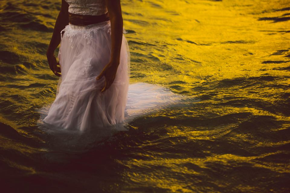 water, waves, people, woman, dress, sunset