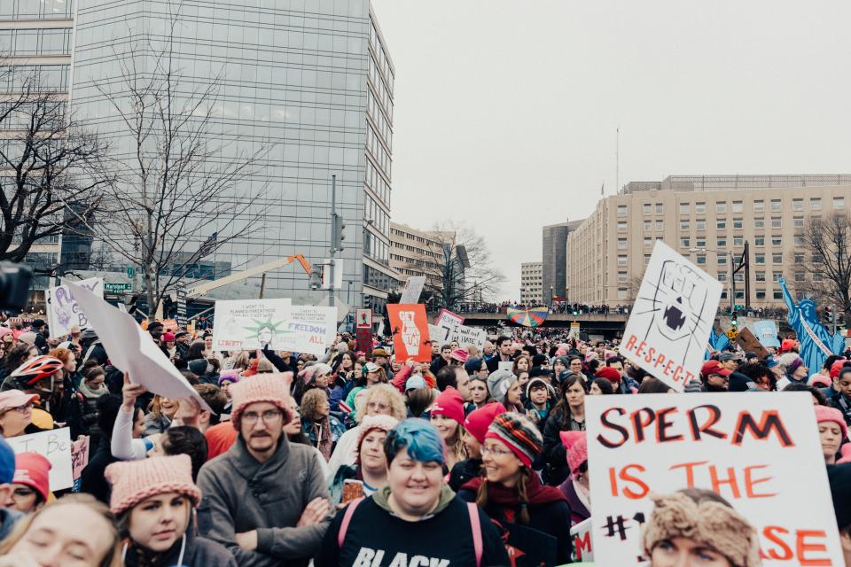 people, man, woman, protest, rally, equality, trump, feminist, empowerment, unite, urban, city, establishment, building, trees