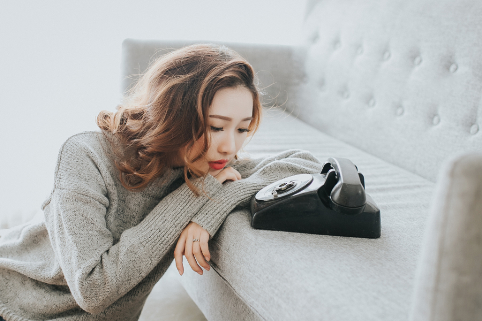 alone, girl, young, lady, phone, wait, waiting, portrait, sad, sexy, person, people, woman, beauty, asian, call, couch, sofa