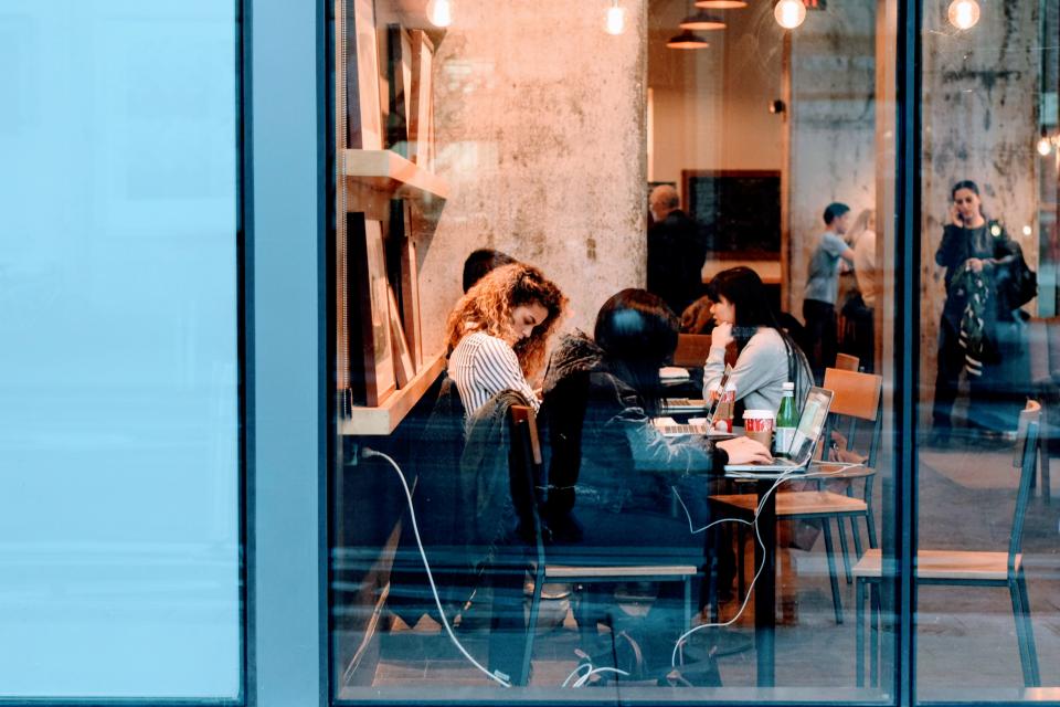 restaurant, people, girls, women, coffeehouse, laptop, computer, work, business, study, coffee, table, chairs