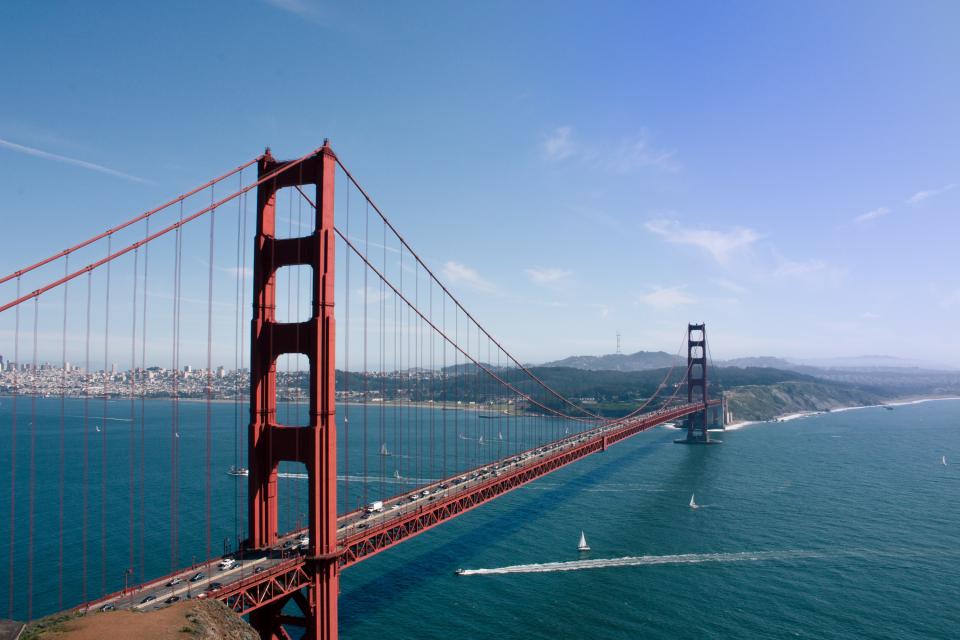 Golden Gate Bridge San Francisco architecture bay water sailboats water blue sky landscape city