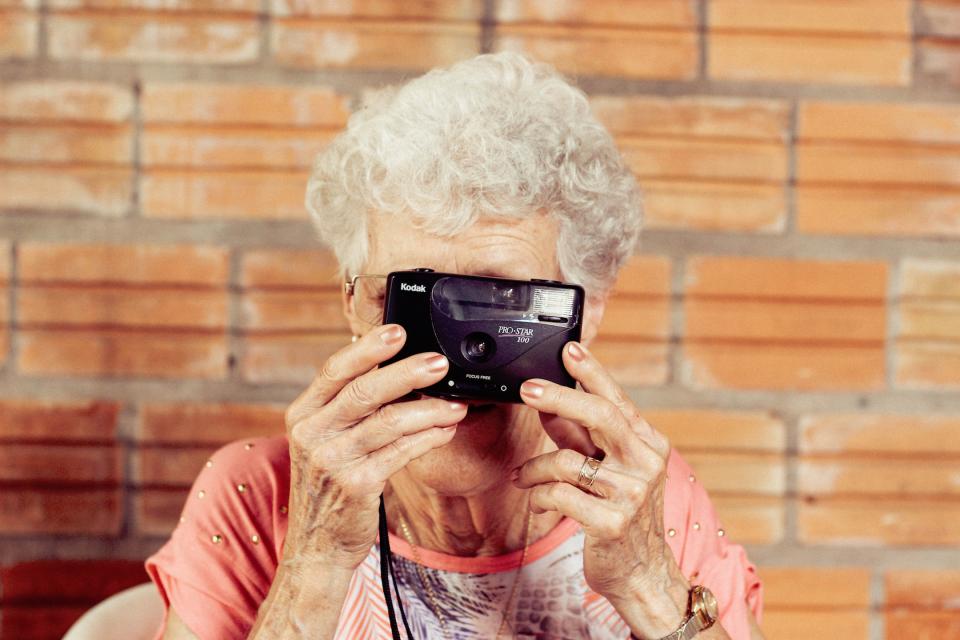 orange, people, woman, camera, photography, photographer, old, grandma, snap