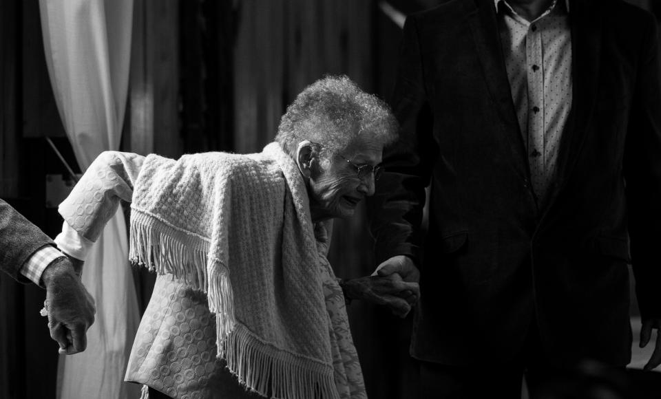 people, old, woman, walking, black and white