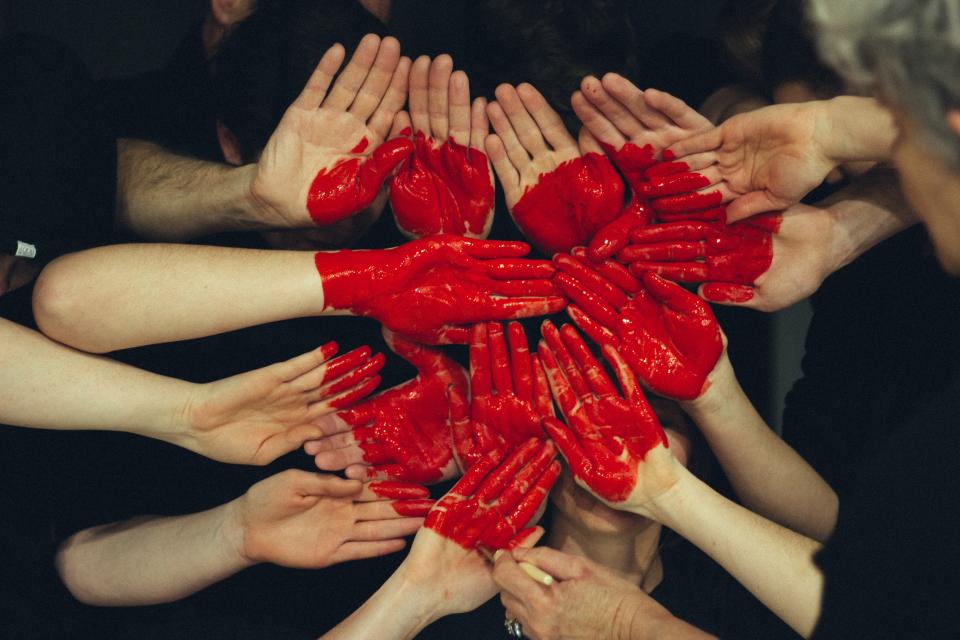 red, paint, heart, palm, hands, art