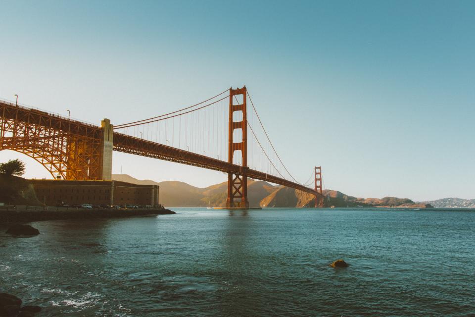 Golden Gate Bridge, San Francisco, architecture, bay, water, mountains, sunshine, summer, blue, sky