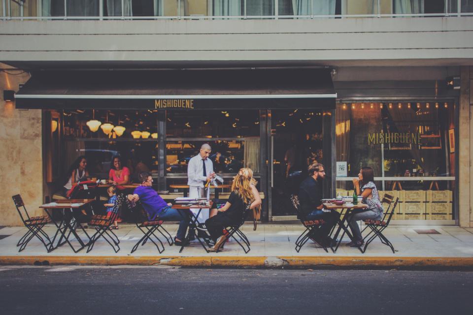 architecture, building, restaurant, people, men, women, customers, waiter