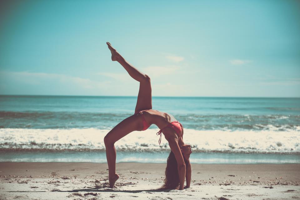 yoga, pose, stretch, health, fitness, working out, bikini, beach, sand, sunshine, summer, ocean, sea, waves, water, shore, girl, woman, people, beauty