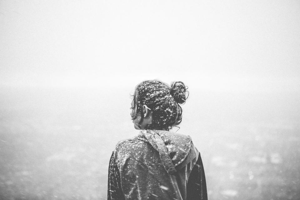 girl woman snow blizzard people black and white