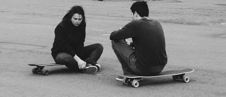 skateboard, people, girl, man, sitting, outside, play, adventure