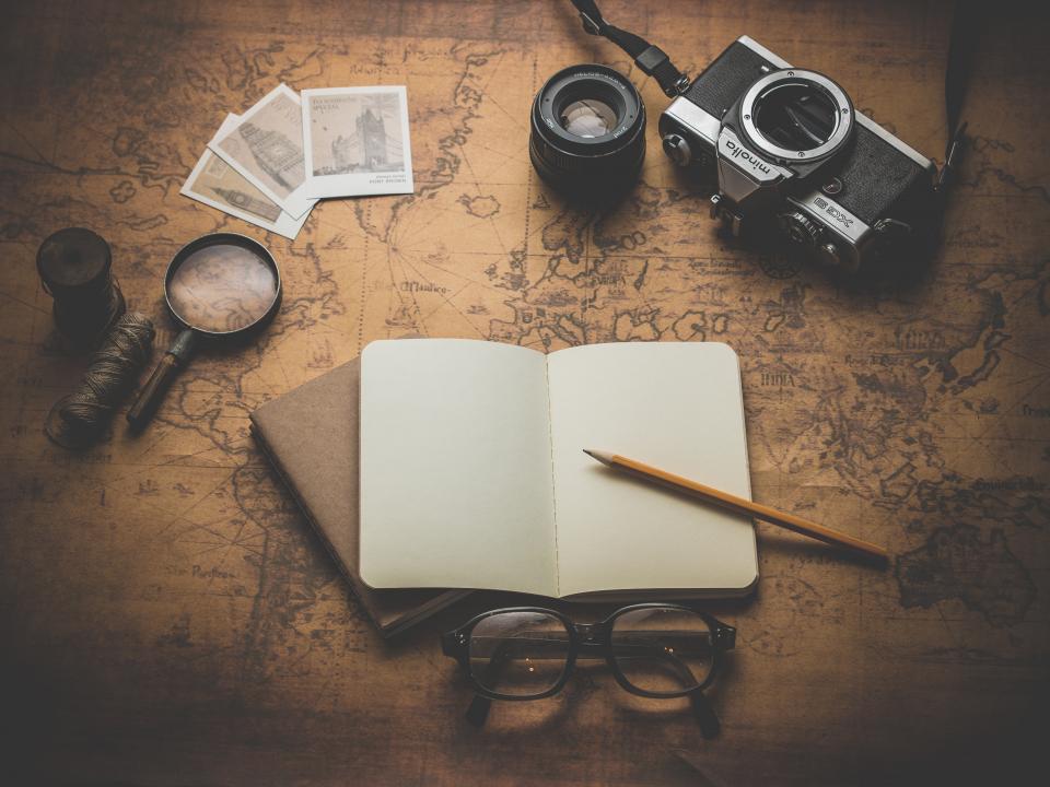 notepad notebook pencil eyeglasses magnifying glass map world navigation objects camera lens photos pictures business