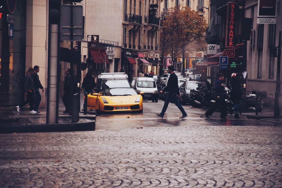 cobblestone, streets, city, urban, people, walking, pedestrian, stores, shops, buildings, cars, Lamborghini