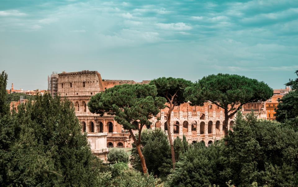 nature landscape trees green leaves clouds sky architecture building establishment windows colosseum